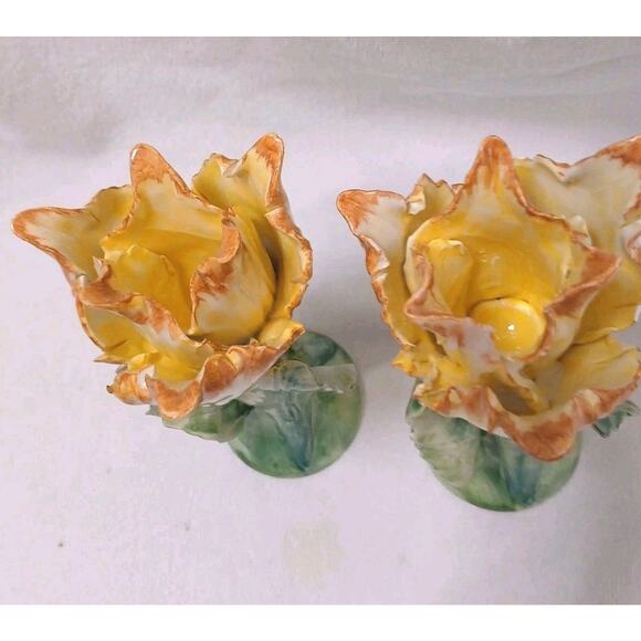2 Pc Chelsea House Porcelain Lily Flower 7" Candlestick Holders Yellow Vnt - Picture 7 of 15